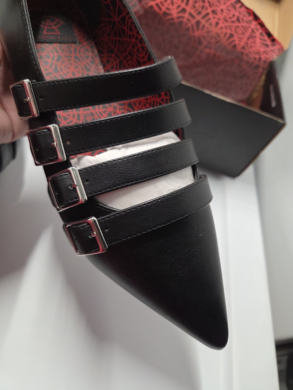 Strange Cvlt- Coven Flat- Women’s Black Pointed Toe Multi-Strap Flats Size 11 - Picture 4 of 15